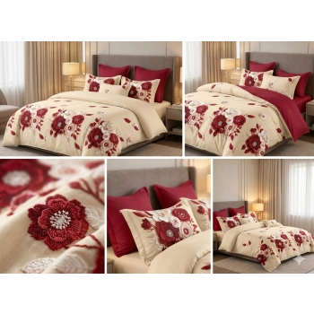 Pościel160x200 czerwone kwiaty z prześcieradłem – komplet premium 4cz PK816